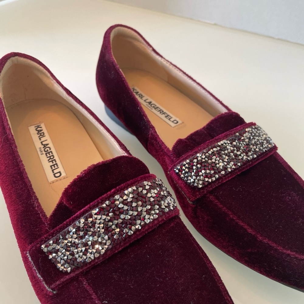 Karl Lagerfeld Deep Red Velvet Loafers with Embellishments